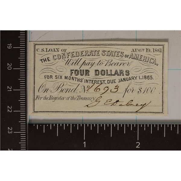 1861 CONFEDERATE STATES OF AMERICA $4 BOND