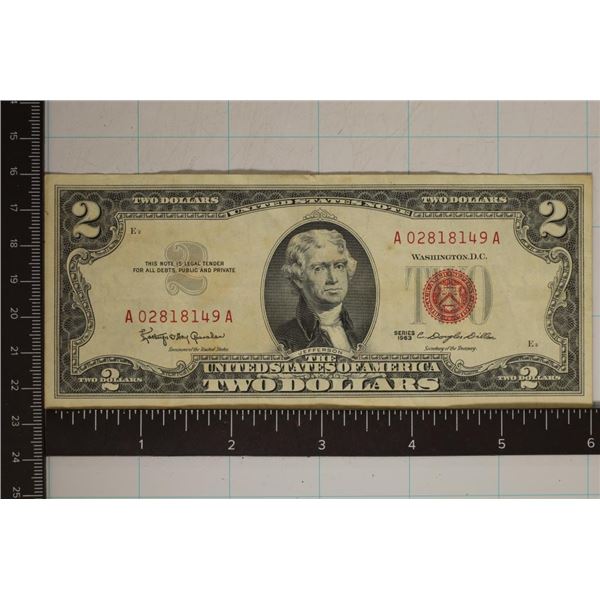 1963 US $2 RED SEAL BILL WITH SOME STAINING