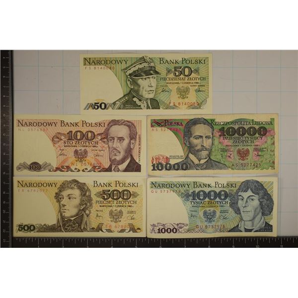5-POLISH BILLS: 1986-50 ZLOTYCH CU, 1986-100