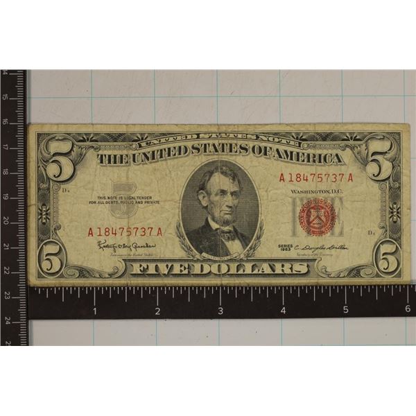 1963 US $5 FEDERAL RESERVE NOTE RED SEAL