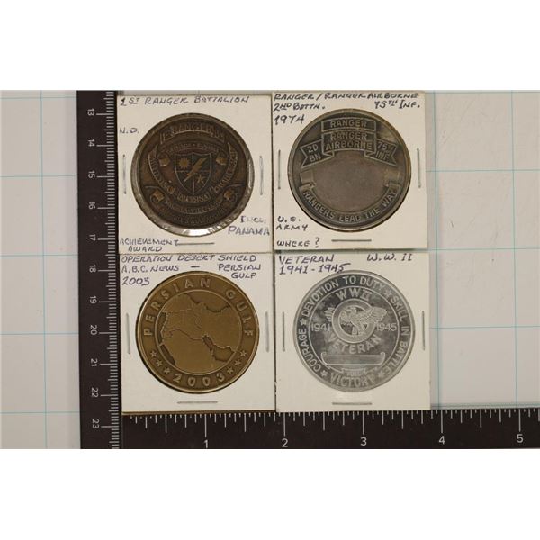 4- 1 1/2" US MILITARY METAL CHALLENGE TOKENS: