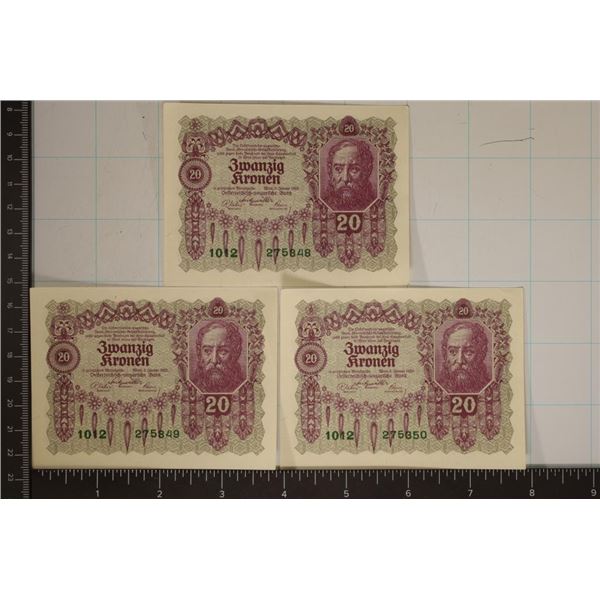 3-CRISP UNC 1922 AUSTRIA 20 KRONEN CONSECUTIVE
