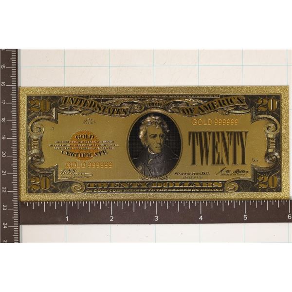 SERIES 1928 GOLD FOIL $20 US REPLICA BILL 999999