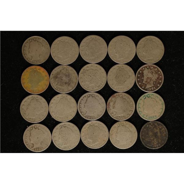 20 ASSORTED LIBERTY "V" NICKELS: 1887-1911