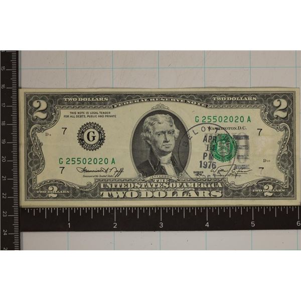 1976 CRISP UNC US $2 BILL WITH POSTAL CANCELLED
