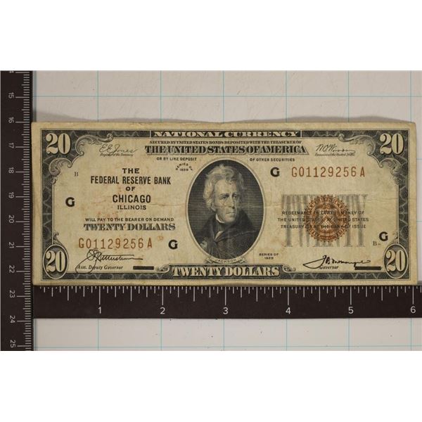 1929 US $20 NATIONAL CURRENCY BROWN SEAL