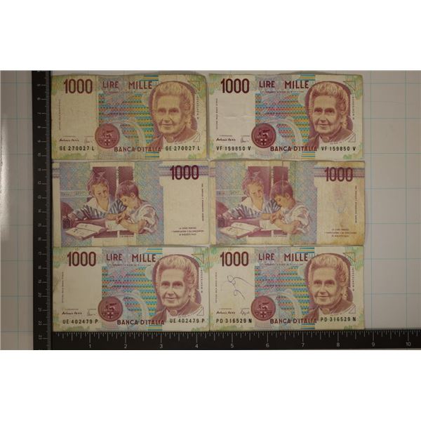 6-1990 ITALIAN 1000 LIRE BILLS, INK NOTED ON A