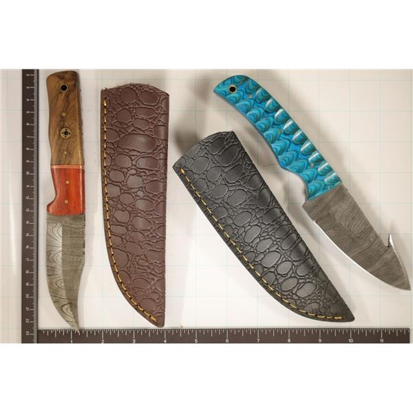 2-DAMASCUS STEEL HUNTING KNIVES: 9" GUT HOOK BLADE