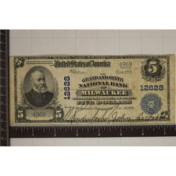 1924 US LARGE SIZE $5 NATIONAL CURRENCY BLUE SEAL