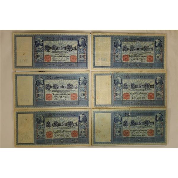 6-GERMAN 100 MARK BILLS: 1-1908 & 5-1910