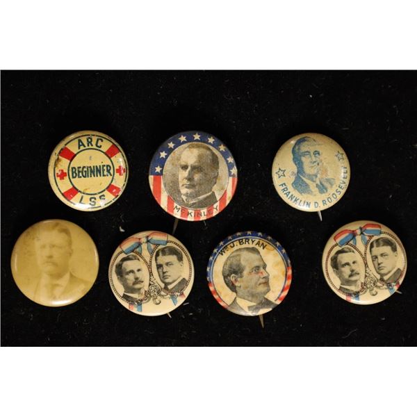 7 VINTAGE POLITICAL BUTTONS; ARC LSS BEGINNER,