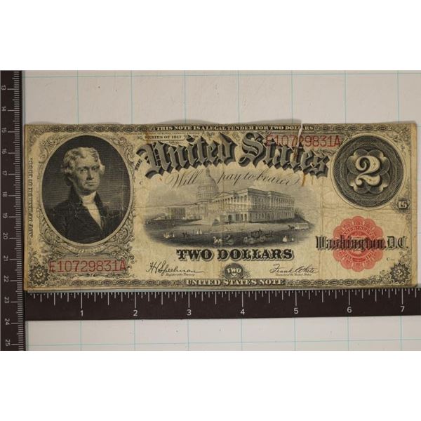 1917 US $2 LEGAL TENDER BILL LARGE SIZE RED SEAL
