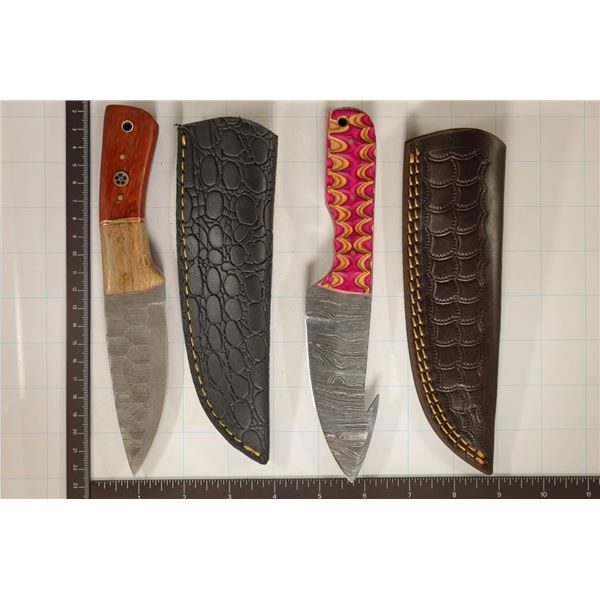 2-DAMASCUS STEEL HUNTING KNIVES: 8" WITH GUT