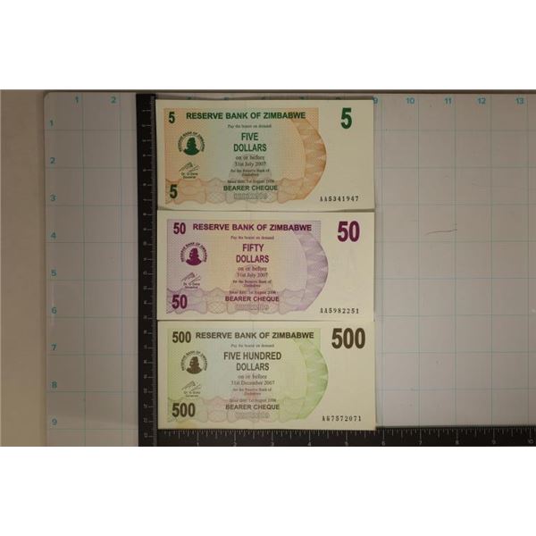 3-2006 ZIMBABWE BILLS: $5, $50 & $500 CRISP UNC