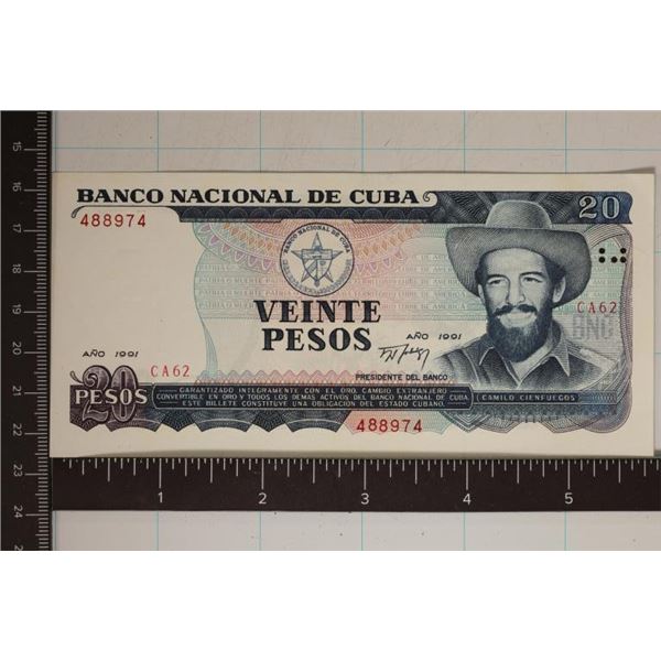 1991 CUBA 20 PESO CU BILL "CAMILO CIENFEUGOS"
