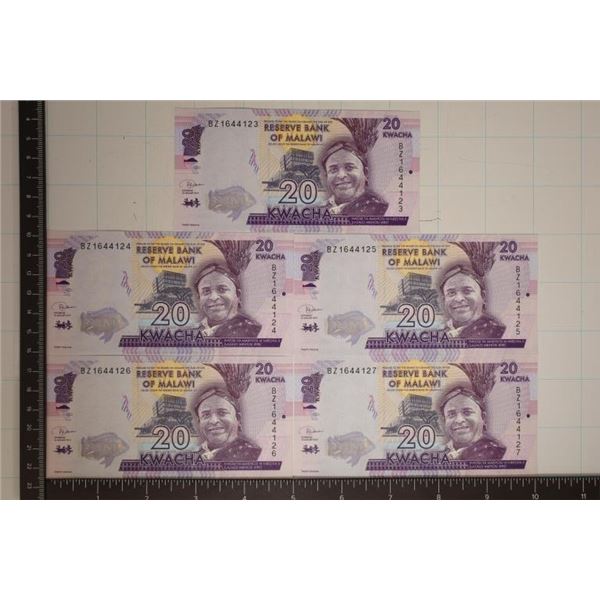 5-CRISP UNC 2019 MALAWI CONSECUTIVE SERIAL # BILLS