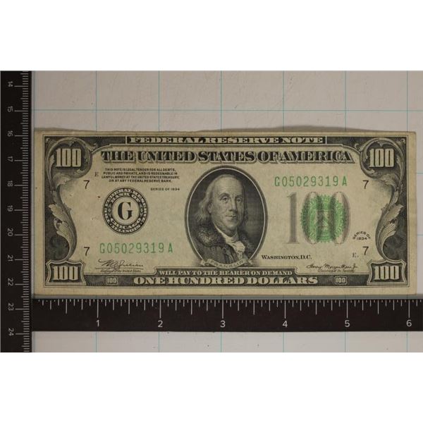 1934 US $100 FEDERAL RESERVE NOTE GREEN SEAL