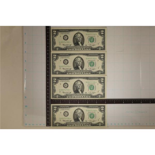 4-1976 US $2 STAR NOTES WITH CONSECUTIVE SERIAL #S