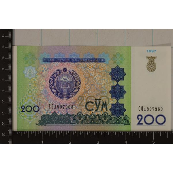 UZBEKISTAN 200 CYM 1997 CRISP UNC BILL WITH