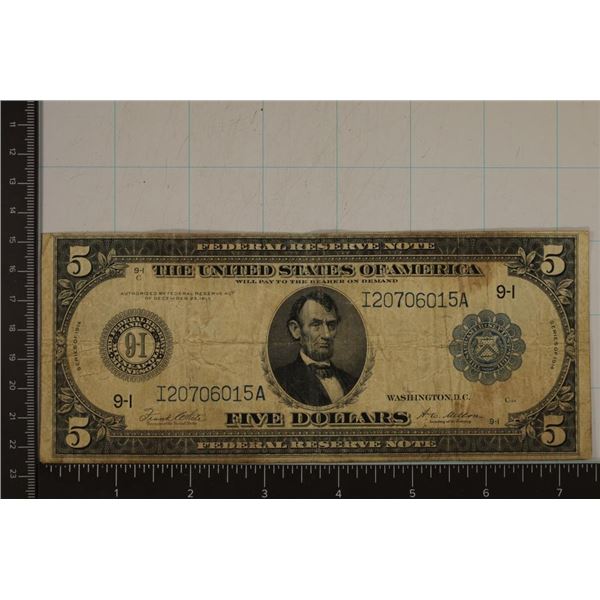 1914 US $5 FEDERAL RESERVE NOTE LARGE SIZE