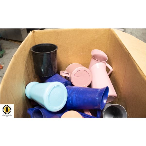 BOX OF PLASTIC CUPS, MUGS, AND JUGS