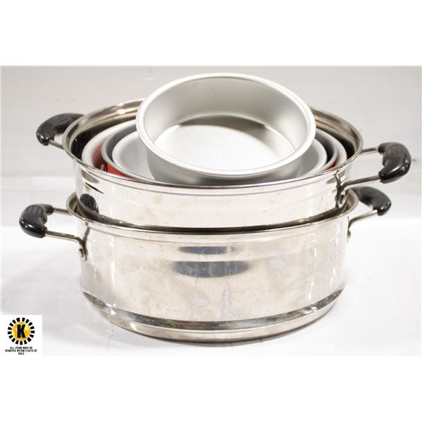 BOX OF ASSORTED BAKING PANS AND POTS