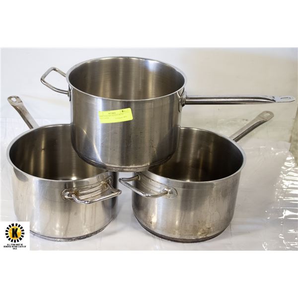 THREE  8 QUART HEAVY DUTY SAUCE PANS