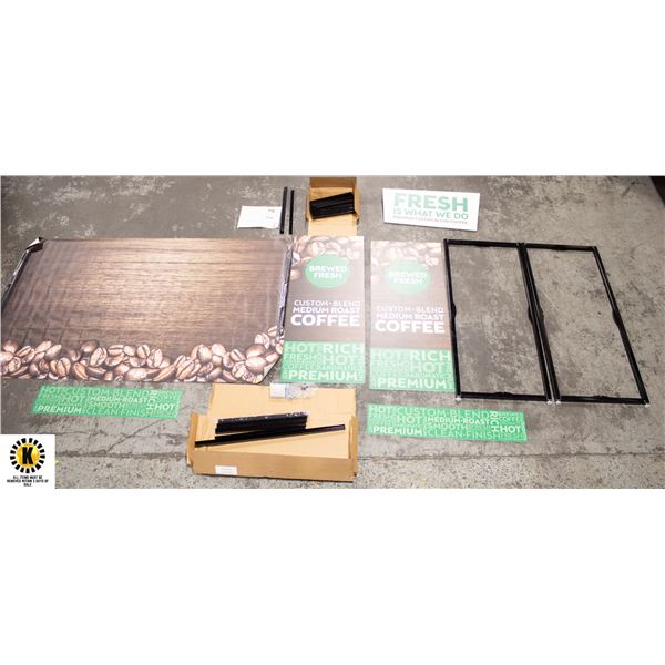 ASSORTED SIGNAGE W/ FRAMES AND MISC