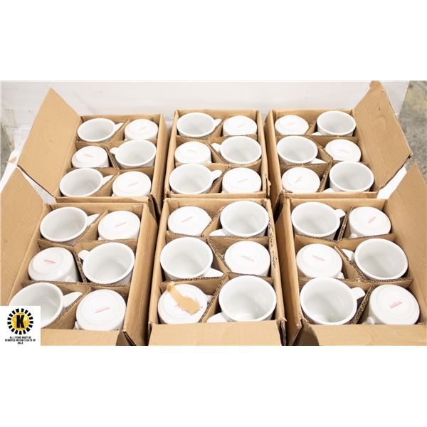 NEW CASE OF 3 DOZ 8OZ RED LOGO CAFE MUGS