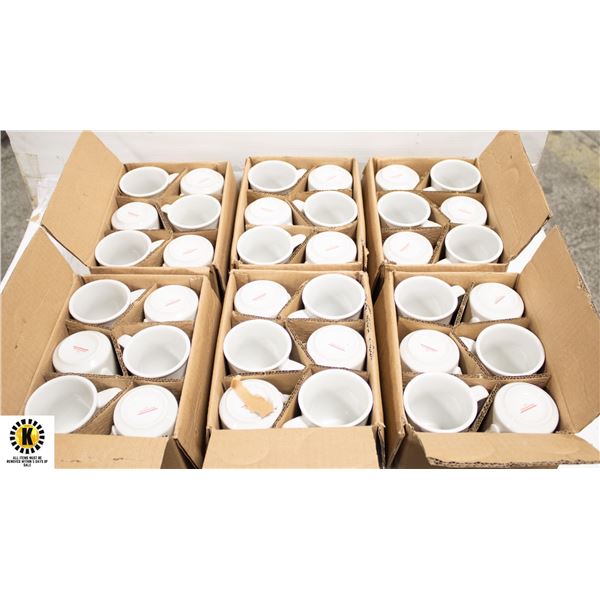 NEW CASE OF 3 DOZ 8OZ RED LOGO CAFE MUGS