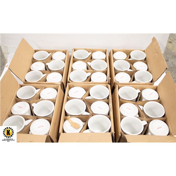 NEW CASE OF 3 DOZ 8OZ RED LOGO CAFE MUGS