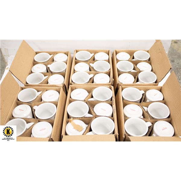 NEW CASE OF 3 DOZ 8OZ RED LOGO CAFE MUGS