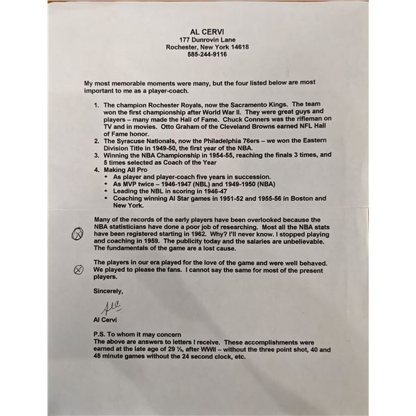 Al Cervi Signed Letter