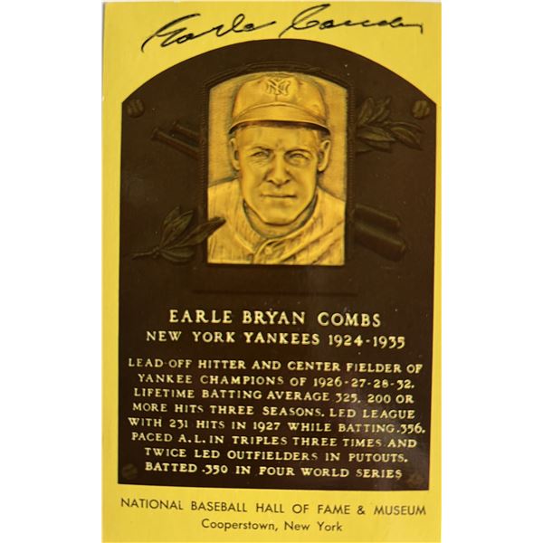 Earle Combs signed HOF postcard