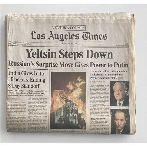 Los Angeles Times 2000 newspaper announcing Russias Boris Yeltsin stepping down