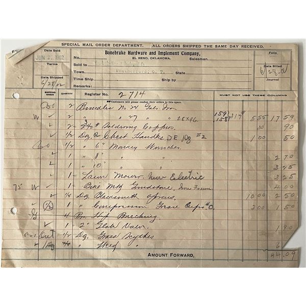 1902 Bronebrake Hardware store accounting log