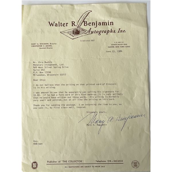 Mary A. Benjamin signed letter