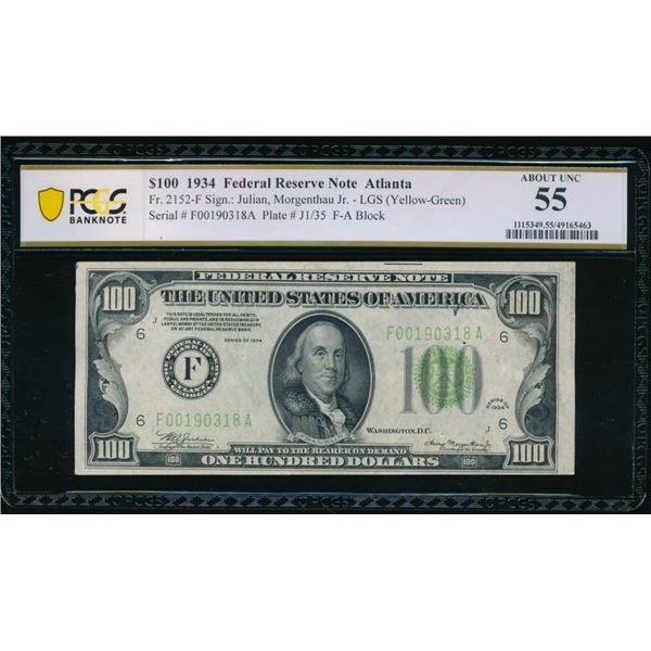 1934 $100 Atlanta FRN PCGS 55