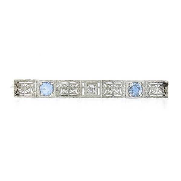 Antique Art Deco 14k White Gold Aquamarine Diamond Open Filigree Bar Pin Brooch