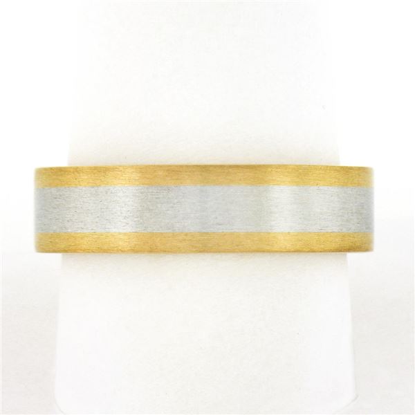 Men's Solid 18k Yellow Gold & Platinum 6mm Wide Brushed Finish Wedding Band Ring