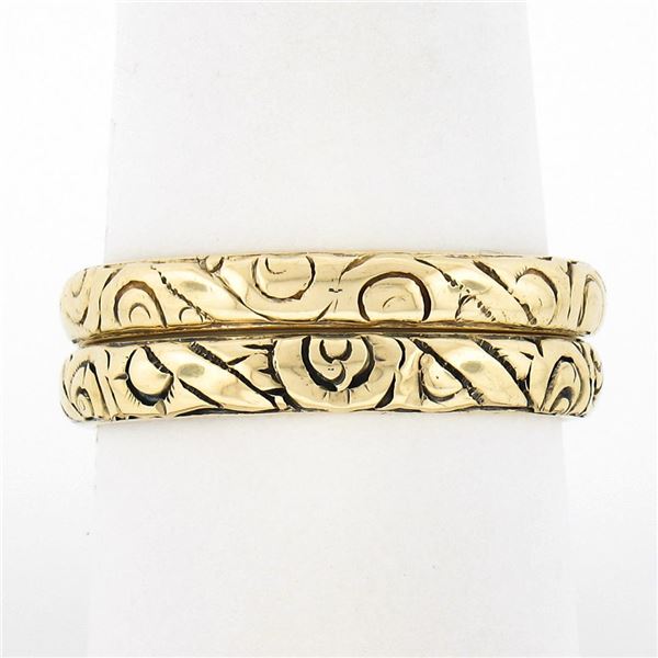 (2) Handmade 14K Gold Polished Repousse Work Domed Guard Stackable Band Rings