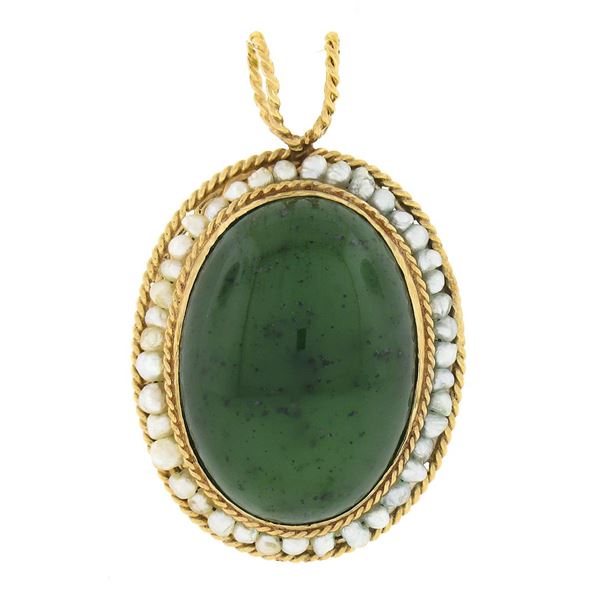 Vintage 14k Gold Oval Cabochon Jade & Seed Pearl Halo Twisted Wire Frame Pendant