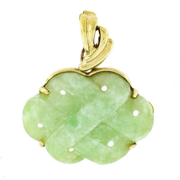 Hong Kong 14k Yellow Gold Carved Pierced Light Green Jade Overlap Design Pendant