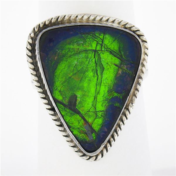 Vintage Handmade Sterling Silver Ammolite Solitaire Cocktail Right Hand Ring