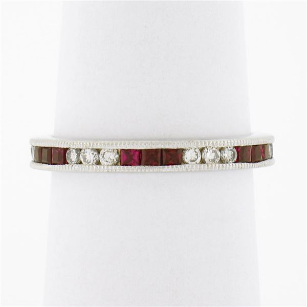 18k White Gold 1.02 ctw Round Diamond & Square Ruby Milgrain Eternity Band Ring