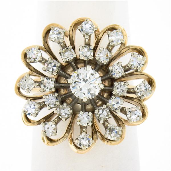 Vintage 14k TT Gold 1.10 ctw Round Diamond Flower Cluster Platter Cocktail Ring