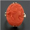 Image 2 : Antique 10k Yellow Gold Detailed Oval Carved Orange Coral Cameo Solitaire Ring