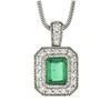 Image 2 : 14k White Gold GIA Emerald Cut Emerald Diamond Mil grain Halo Pendant & 18" Chai