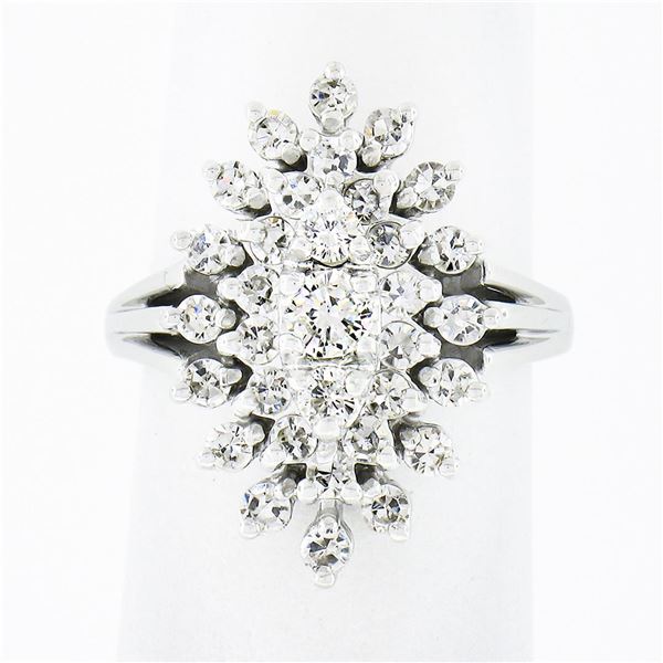 Vintage 14K White Gold 1.03 ctw Prong Diamond Navette Shape Tiered Cluster Ring
