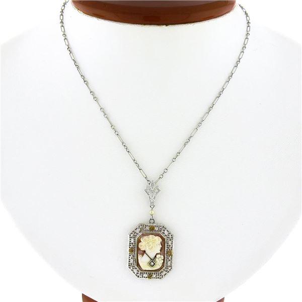 Antique 14k White Gold Cameo Filigree Floral Frame Pendant & 16.5" Fancy Chain